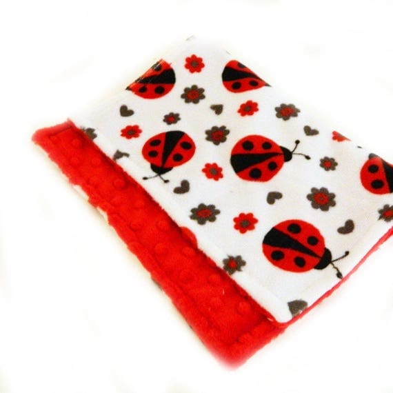 Minky Mini Baby Blanket, Personalized Ladybug Blanket - Red Black Gray Lovey / Lovey or Minky Burp Cloth or Tag Blanket