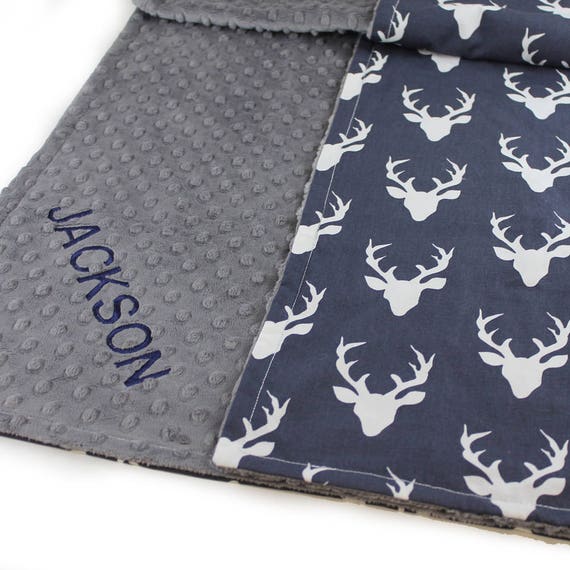 Personalized Baby Blanket Boy // Navy Deer Minky Cotton Blanket / Animals Baby Blanket // Name Baby Blanket / Woodland Blanket /