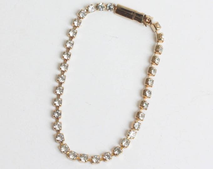 Clear Crystal Rhinestone Tennis Line Bracelet Gold Tone Metal 7 Inch Vintage