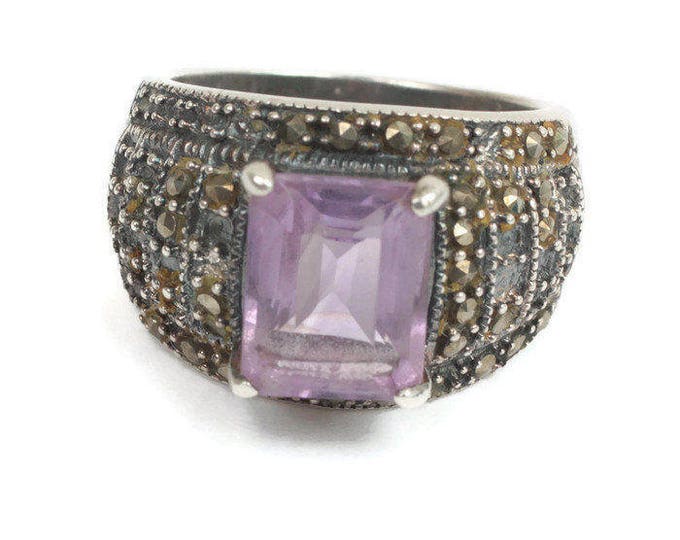 Amethyst Sterling and Marcasite Ring Size 6 3/4 Vintage TLC