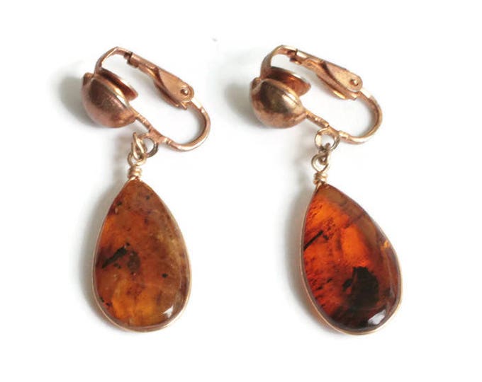 Vintage Amber Drop Dangle Earrings Clip On