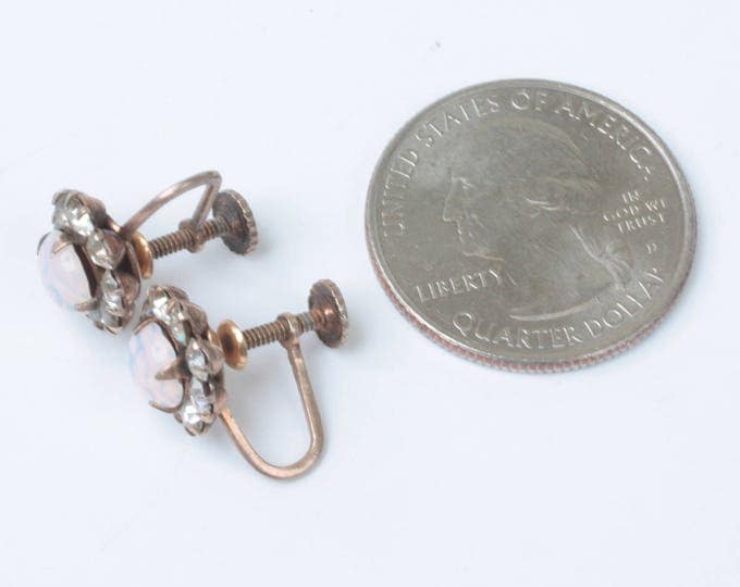 Glass Opal and Rhinestone Earrings Screw Backs Sterling 1940s 1950s