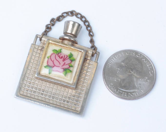 Miniature Perfume Flask Pink Rose Decoration Gold Tone Metal Vintage