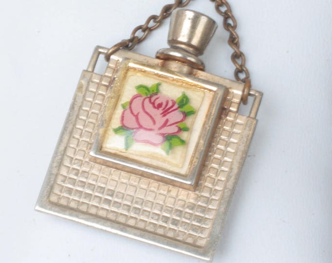 Miniature Perfume Flask Pink Rose Decoration Gold Tone Metal Vintage