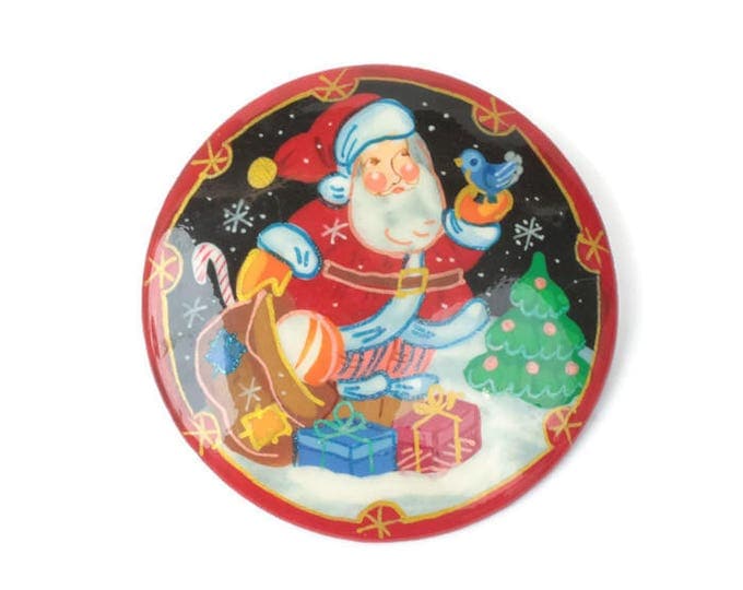 Russian Hand Made Santa Claus Brooch Wooden Christmas Pin Vintage