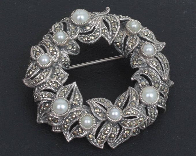 Marcasite Faux Pearl Sterling Brooch Judith Jack Wreath Circle Pin Vintage