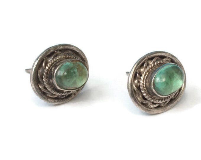 Sterling and Blue Green Glass Oval Earrings Posts Vintage Smaller