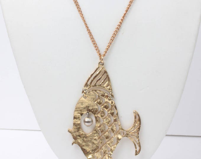 Mod Articulated Fish Pendant Necklace Gold Tone Vintage