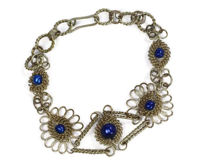 Silver Filigree Bracelet Bright Blue Beads Vintage