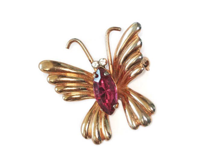 Small Dark Pink Rhinestone Butterfly Pin Signed Coro Vintage