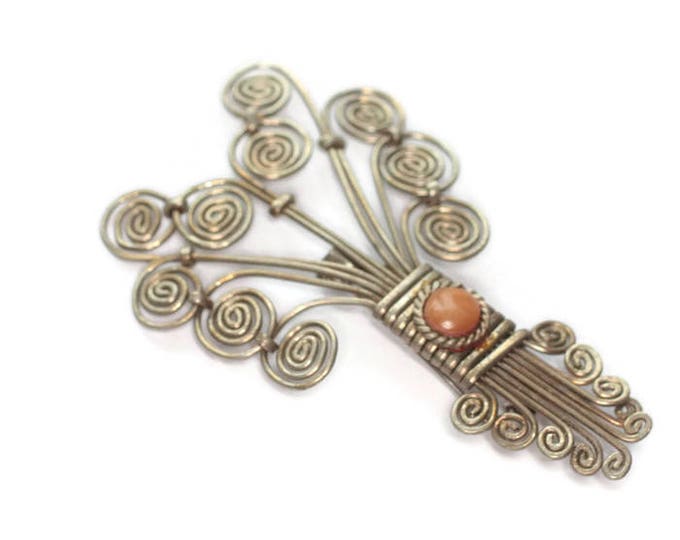 Vintage Swirled Metal Brooch Twisted Wire Design Butterscotch Glass Accent