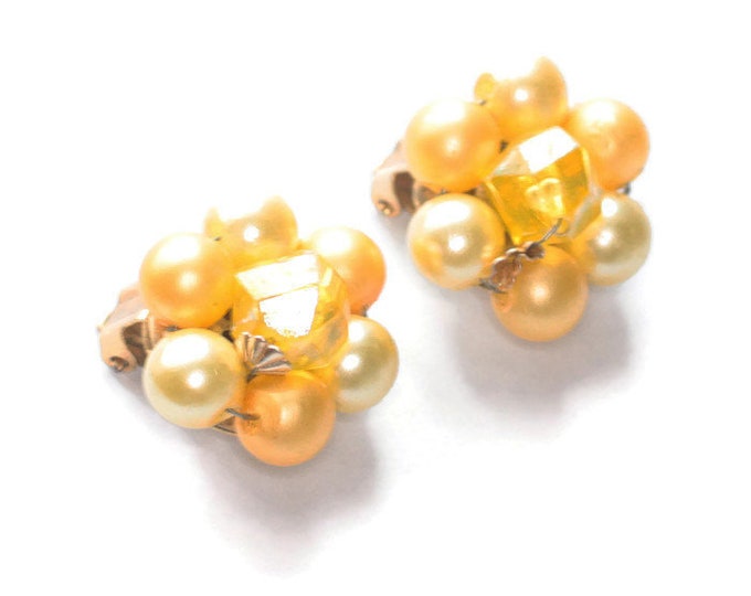 Yellow Faux Pearl Cluster Earrings Aurora Borealis Bead Accent Signed Hong Kong Mid Century Jewelry