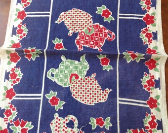 Vintage Linen Tea Towel Dish Towel with Teapots