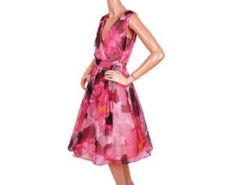Vintage 1960s Pink and Black Floral Chiffon Dress - Sleeveless - Garden Party Dress - M
