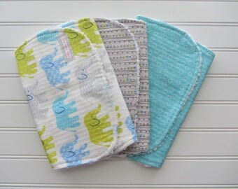 Gender Neutral Baby Burp Cloth Set, Elephants in Blue, Grey, Aqua Dots, Stripes, Baby Girl Burps, Baby Boy Burps, Cotton Chenille Burp Cloth