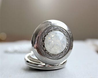 VACATION SALE- White Fire Opal Pocket Watch Necklace