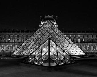 Fine Art Photography, Louvre pyramid, Paris at night 8x10, 8x12, black and white