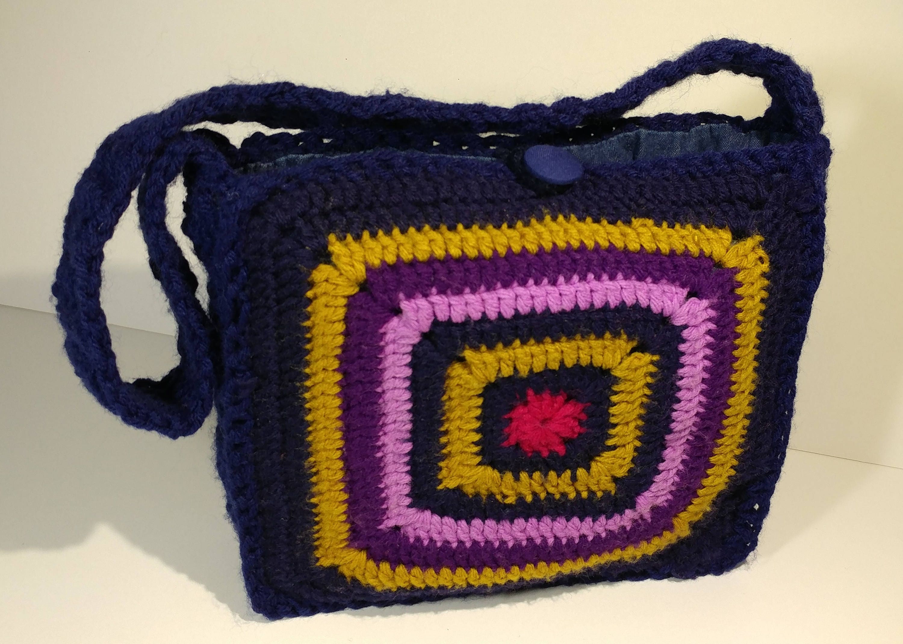 10 Square Granny Crochet Purse Retro Multicolor Navy