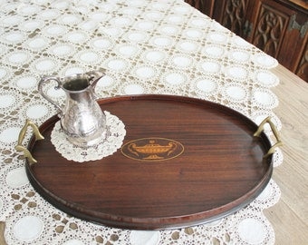 Antique Oval Mahogany Wood Tray with Inlay and Brass Handles
