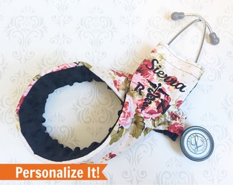 Personalized Stethoscope Cover, Embroidered, Registered Nurse, Gift for Nurse, Veterinarian Gift, EMT, Paramedic - Vintage Floral with Black