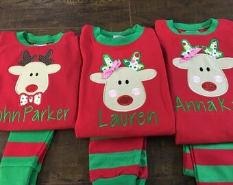 Christmas pajamas, Christmas, Pajamas, Christmas PJ's. Red and Green PJ's , Appliqued, Red, matching pajamas, matching Christmas pajamas