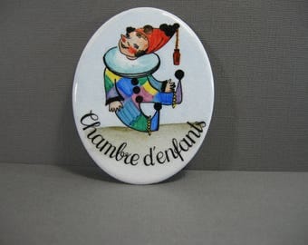 vintage enamel plaque, Chambre d'enfants oval sign, colorful, clown, French child's room decor, kid's room, sign for nursery, baby decor