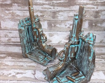 ON SALE Set of Pistol Book Ends / Gun Bookends / Gift For Him / Patina / Western / Gun Decor