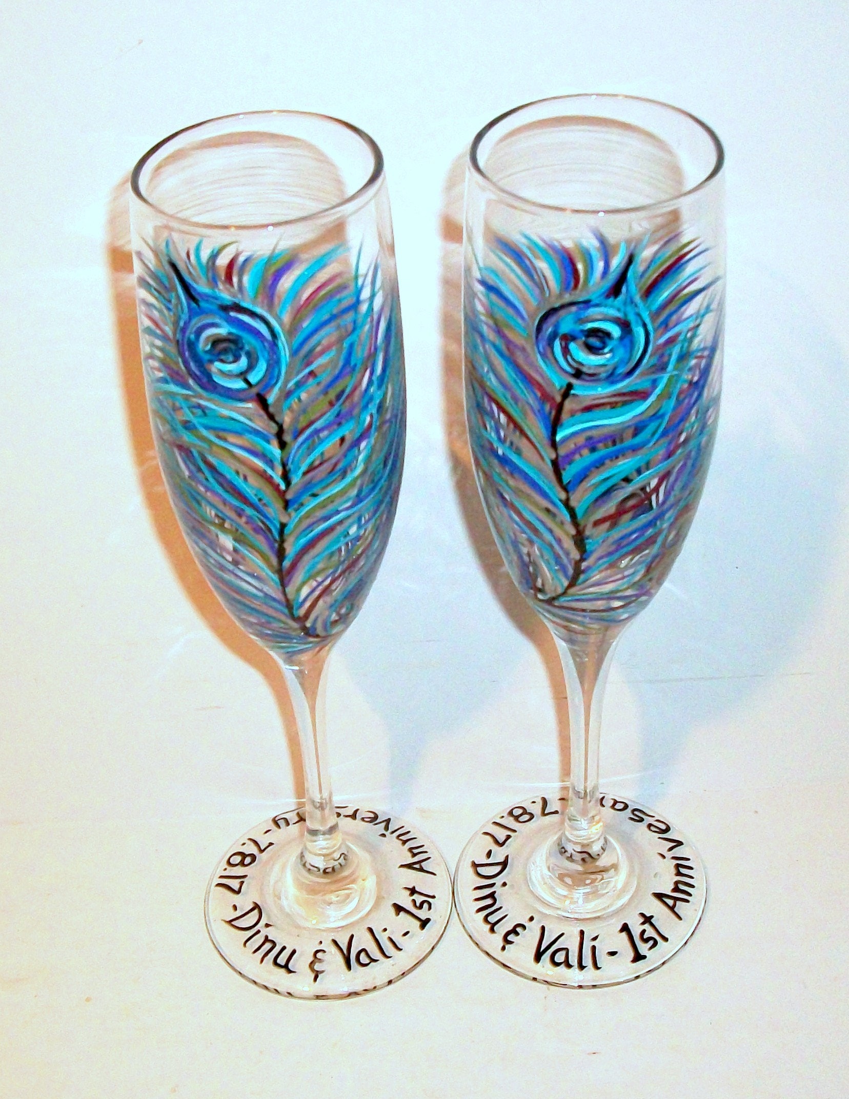 Peacock Feathers Hand Painted Champagne Flutes Set of 2-6 oz