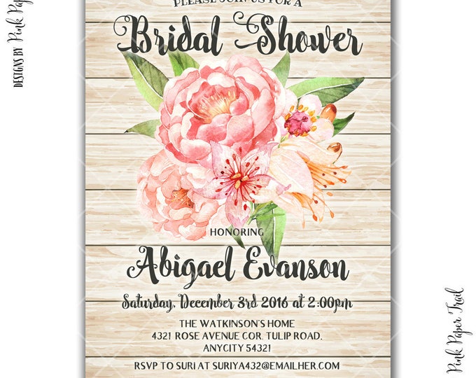 Rustic Floral Pink and Peach Peonies Shabby Chic Bridal Shower Party Invitation, Wedding Shower Invitation, I will customize, Print your own