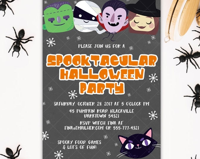 Cute Children Kids Halloween Costume Party Invitations, Spooktacular Witches Zombies Vampire Mummy Printable Halloween Party Invitation v.2