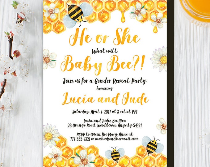 Bee Gender Reveal Invitation, He or She what will Baby Bee, Gender Reveal Party Honey Bee, Bumble Bee Invite Digital Printable Invitation