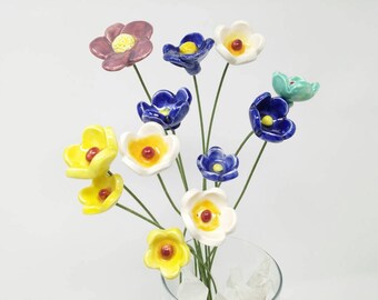 Boquet of One Dozen Ceramic handmade Flowers glazed kiln fired