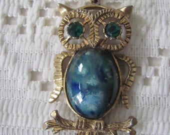 Vintage Owl Necklace Porcelain Belly Rhinestone Eyes