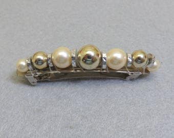 Pearl Vintage Hair Barrette, Gold and Silver Beads, 1980s Hair Barrette