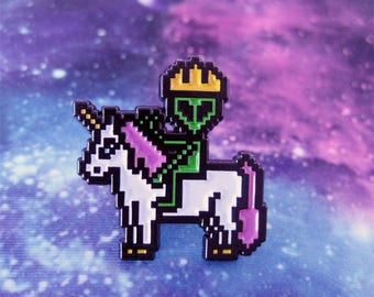 Alien Enamel Pin, Alien on Unicorn Pin, Alien Badge, Alien Riding Unicorn, Hat Pin, Lapel Pin, Alien Pin, Unicorn Pin. 8 bit
