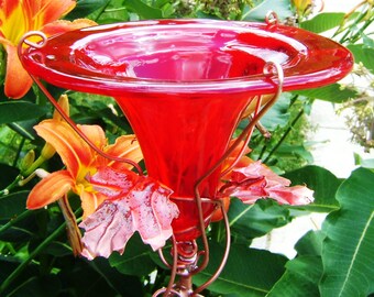 COWORKER GIFT, HUMMINGBIRD Feeder, stained glass, copper art, Red, garden art, Bird Feeder, Outdoor Home and Living