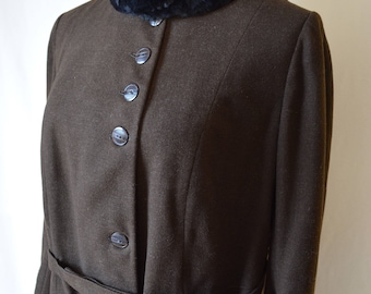 RARE vintage 1930s espresso brown wool coat fur collar M/L