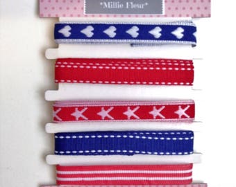 Patriotic Ribbon, New, Tape, Red, White, Blue, Hearts, Heart Ribbon, Stars, Stripes, UK Supplier, Gifts, Floristry, Crafts