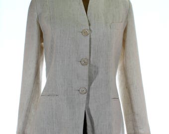 Vintage 80s Cream Cotton Linen Boucle Jacket Fitted Blazer UK 12 US 10
