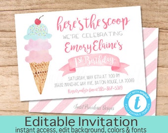 First Birthday Invitation, Ice Cream Birthday Invitation, Pink Ice Cream invitation, Editable Birthday Invitation, Instant Download