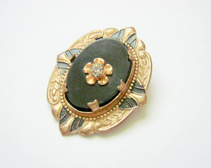 Ornate Early 20th Century Black Beveled Glass Enamel & Rhinestone Brooch / Victorian Revival / Antique / Goldtone / Vintage Jewelry