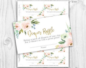 floral blush and gold Diaper Raffle cards, boho floral diaper raffle cards, rustic baby shower girl diaper raffle cards, neutral colors
