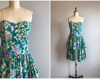 Vintage 80s Laura Ashley Dress / 1980s Ruffled Flounced Bright Color Floral Print Tiered Mini Strapless Sundress