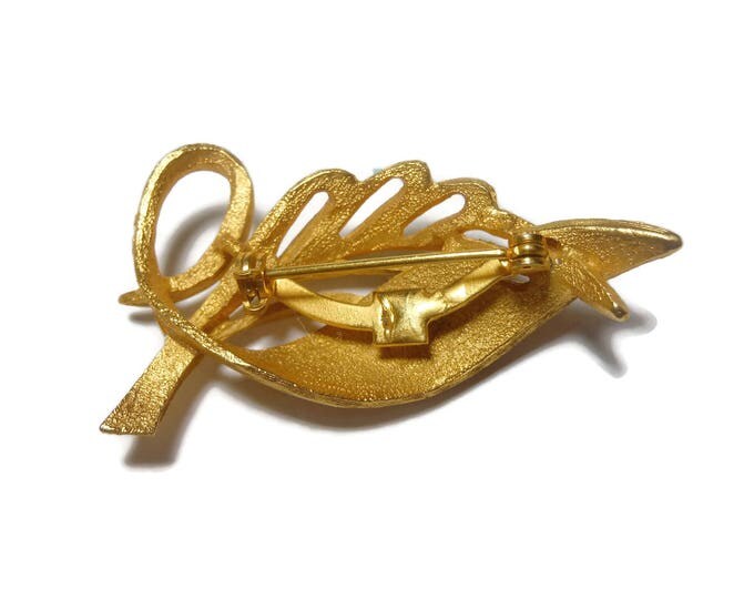 FREE SHIPPING Leaf brooch, 1980s designer quality, gold leaf pin, two tone texture, brushed gold and satin finish, wonderful detailing