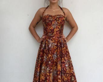 Rare 50s designer Hawiian Tiki Alfred Shaheen "Bouquet" hand screen printed shelf bust full circle halter dress with metallic butterflies.