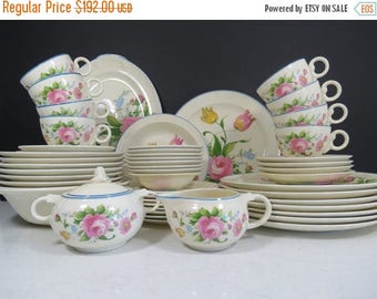 ON SALE Taylor Smith Taylor Dinnerware Set / 51 Pc. Vintage Wedding China Set Service for 8 Plus Serving Pieces Pink Floral Blue Rim 1940s 1