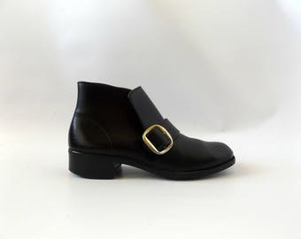 buckle beatle boots men's size 8 - vintage 60s black vinyl dress casual ankle boot - hipster rockabilly shoes - 1960s minimal rocker booties