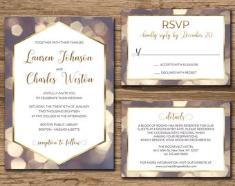 Wedding Invitation Suite, Response Card, Details, Monogram - PRINTABLE files - elegant, gold foil, geometric, modern - Lauren