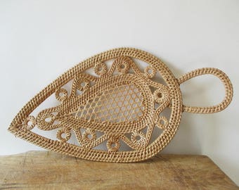 Vintage wicker tray basket, Rustic kitchen, 1960-1970, Dessous de plat, Plateau, Panier osier, France
