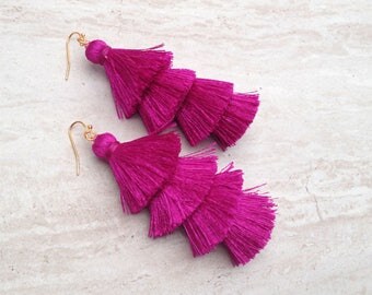 Fuschia Tiered Tassel Earrings, Stacked Tassle Earrings Layered Tassel Earrings, Summer Earrings, Colorful, Trendy,Lightweight 3" Drop